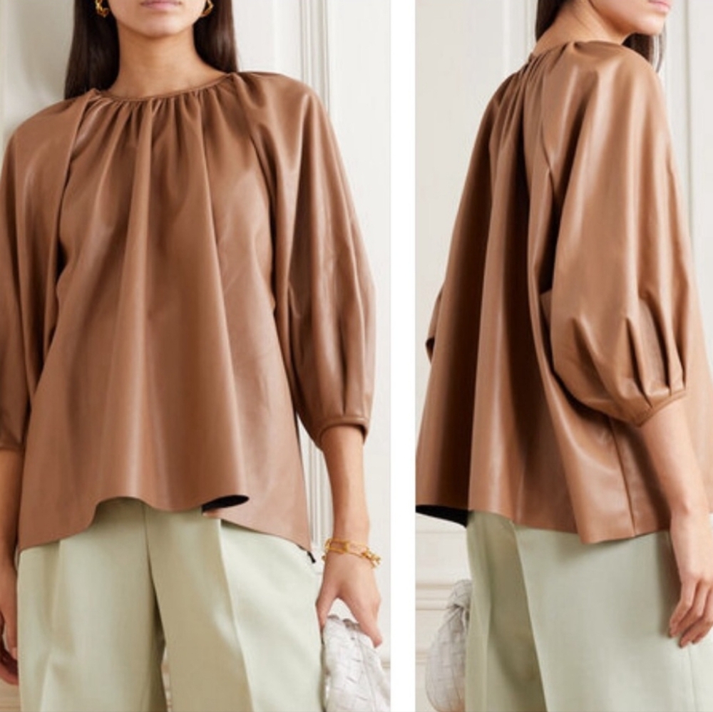 The Frankie Shop Faux Leather Bateau Neckline Three-Quarter Sleeve Blouse Size M